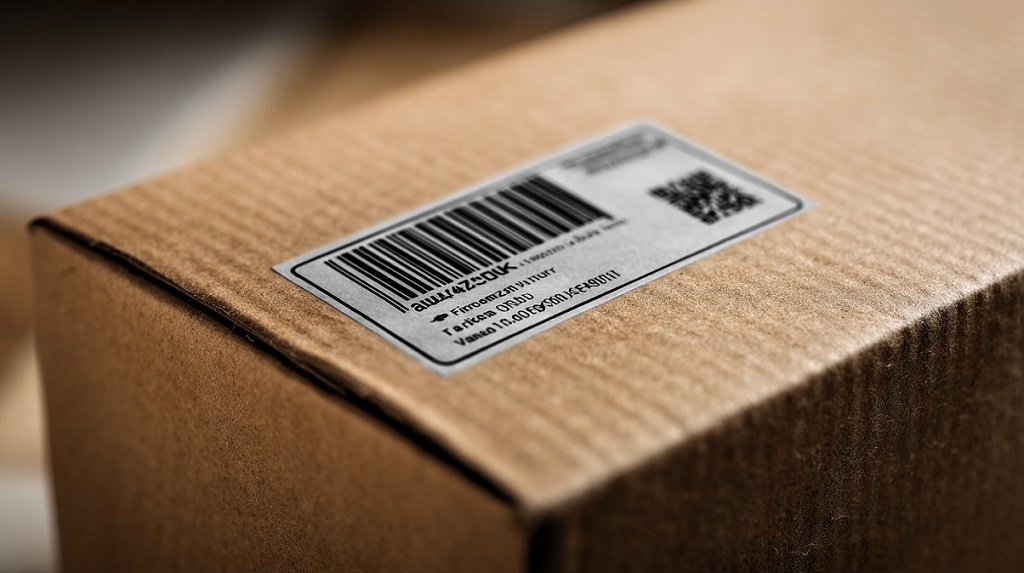 Close-up of a cardboard shipping box with a printed barcode label