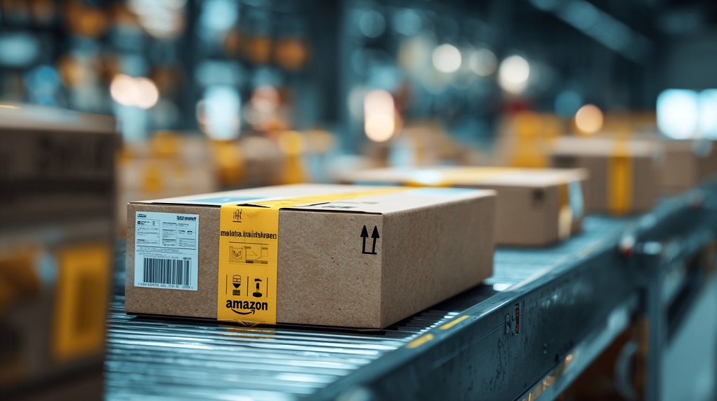 Amazon-labeled cardboard box on a conveyor belt inside a fulfillment or prep center