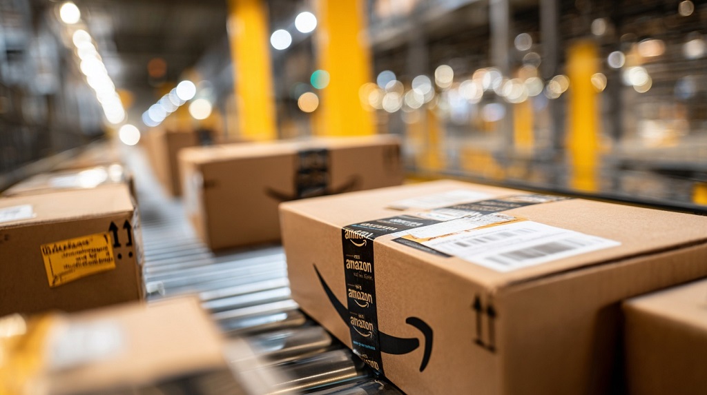 Amazon packages with branded tape moving along a conveyor belt inside a fulfillment center